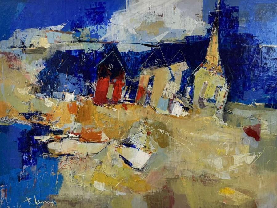 Église et maisons aux teintes bleues dans un paysage maritime, œuvre Église sous mer bleue de René Lemay