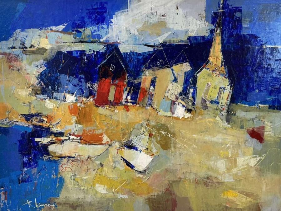 Église sous mer bleue, représentant la Grave aux îles-de-la-Madeleine.
