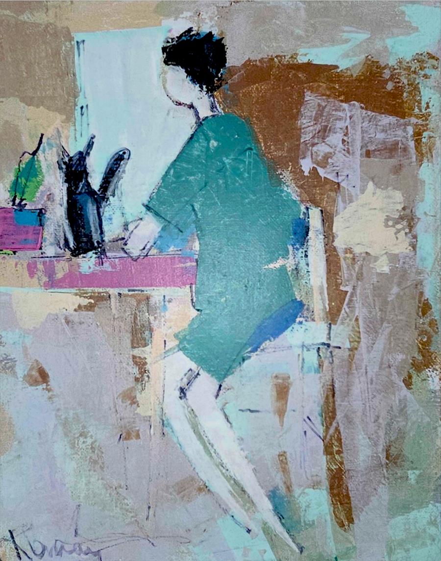 Le penseur, œuvre de René Lemay représentant un personnage à son bureau avec un chat, composition figurative aux couleurs pastel et ambiance intimiste