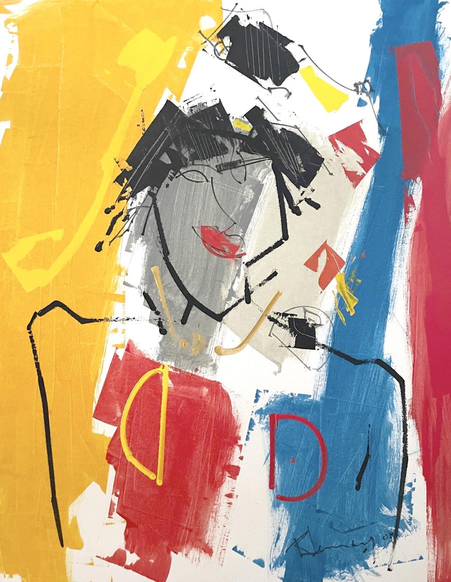 Portrait abstrait de Louise, composé de couleurs primaires et de lignes graphiques tracées directement au tube d’acrylique, œuvre de René Lemay.