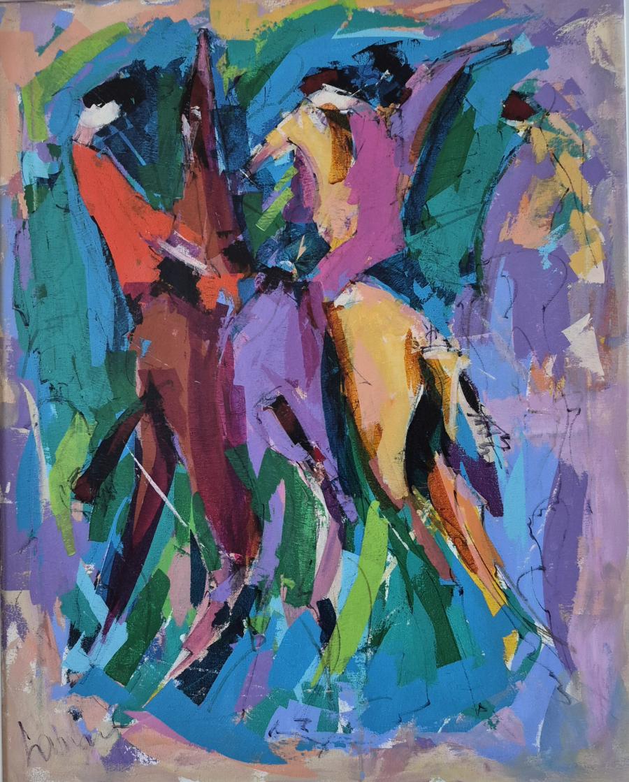 Chevaux et personnages en mouvement, peinture de René Lemay, composition dynamique aux tons pastel avec traits de crayon marquant les formes