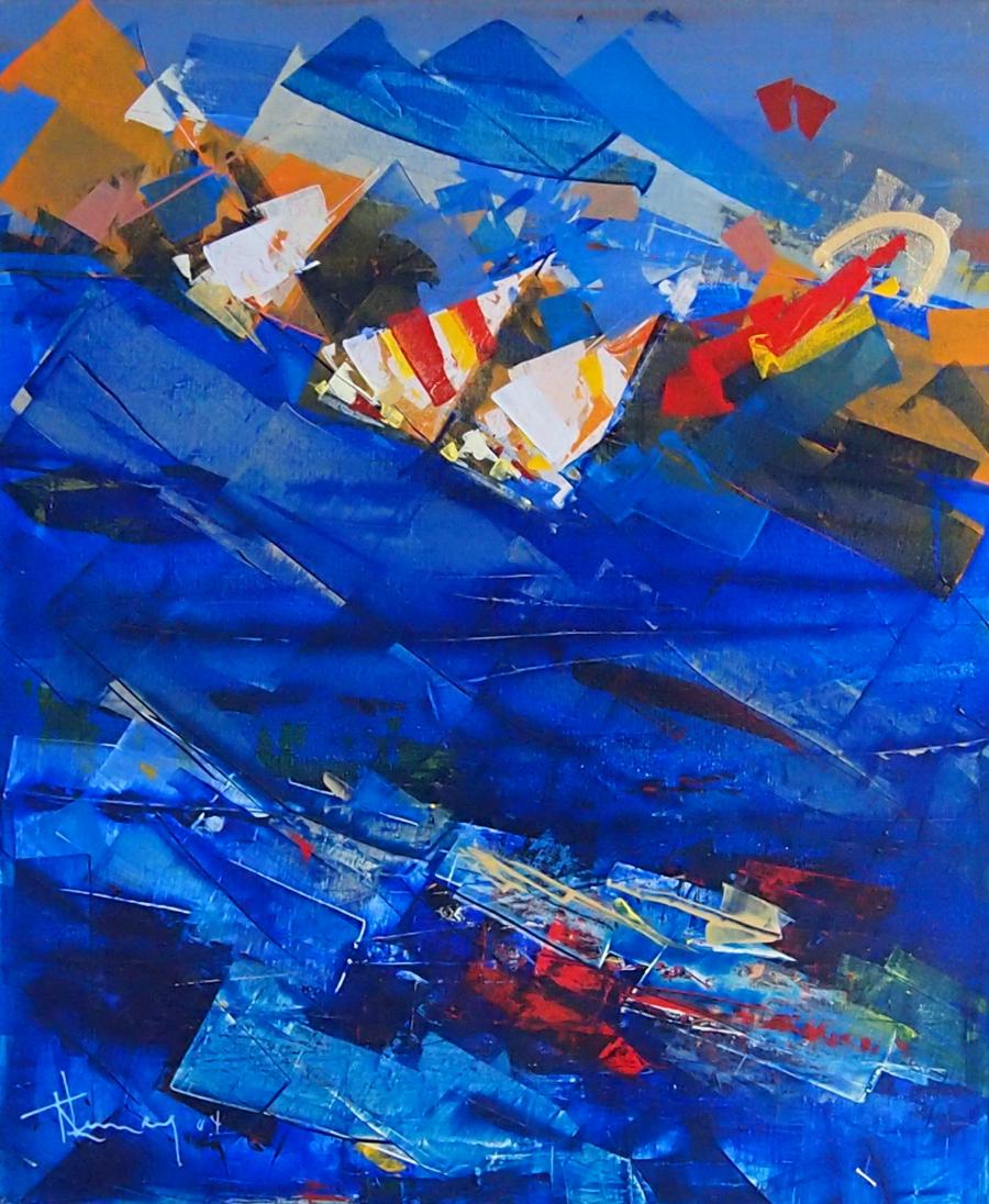 Scène de planche à voile inspirée des Îles-de-la-Madeleine, par l'artiste peintre québécois René Lemay