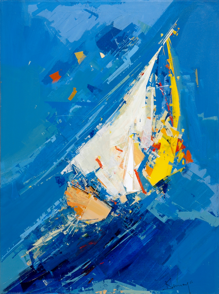 Oeuvre de l'artiste peintre René Lemay représentant un voilier. 
