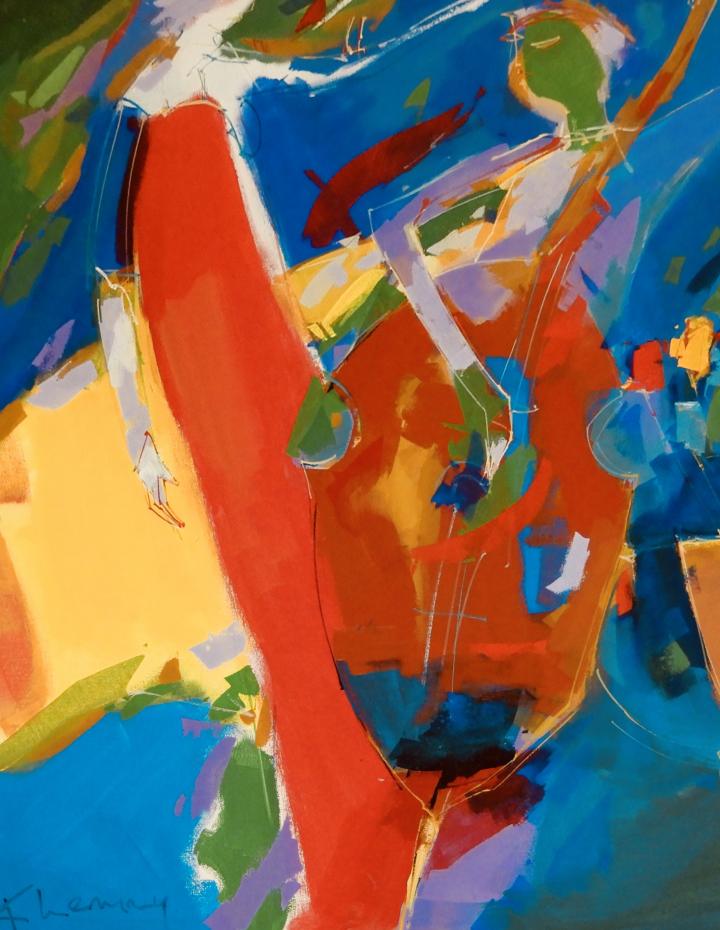 Femme à la robe rouge, acrylique sur toile de l'artiste René Lemay