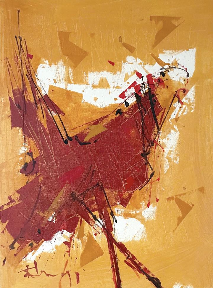 Coq aux couleurs chaudes sur un fond jaune lumineux, œuvre peinte par l'artiste canadien René Lemay pour Nathalie, la conjointe de son fils.