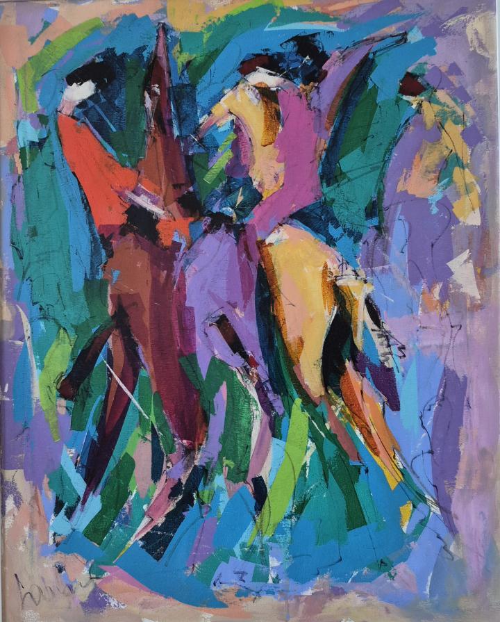 Chevaux et personnages en mouvement, peinture de René Lemay, composition dynamique aux tons pastel avec traits de crayon marquant les formes