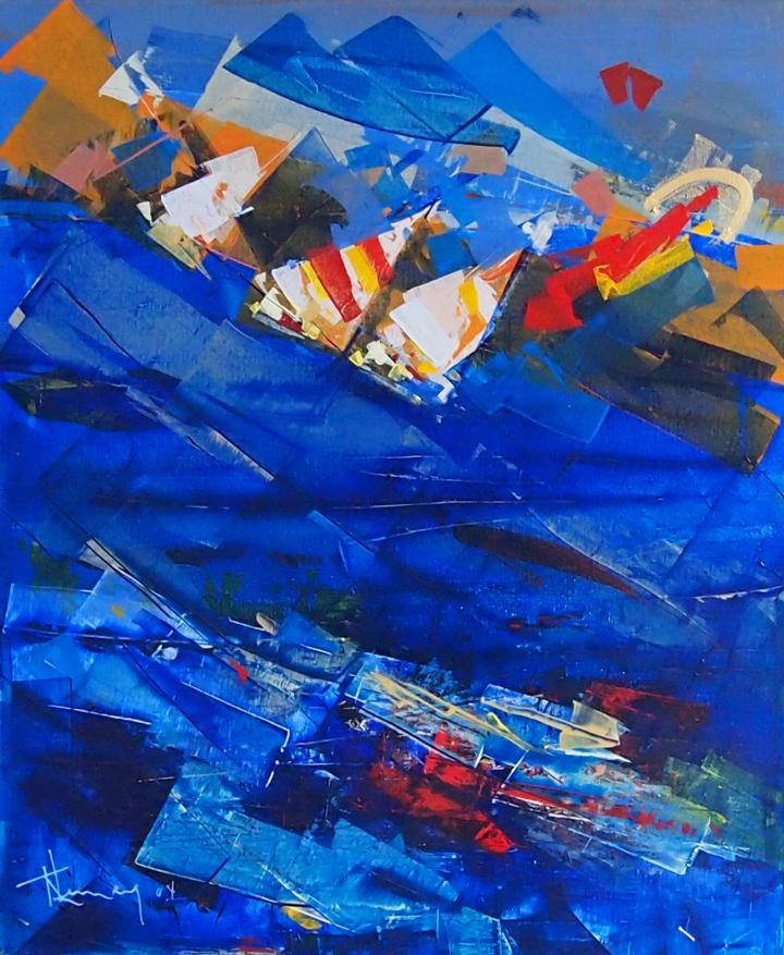 Scène de planche à voile inspirée des Îles-de-la-Madeleine, par l'artiste peintre québécois René Lemay